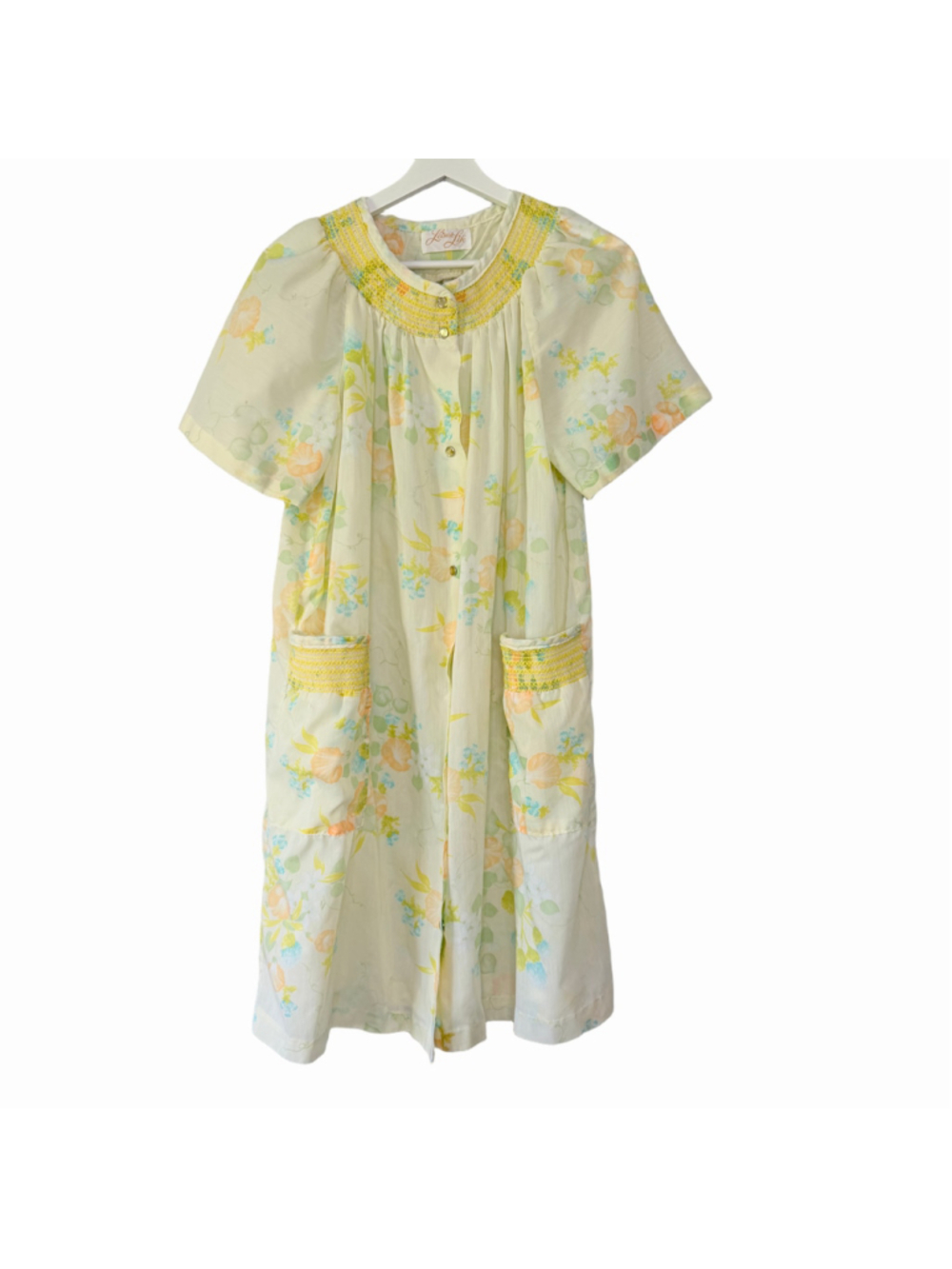 Vintage Leisure Life Floral House Dress Lightweight Yellow Snap Front Sleepwear
